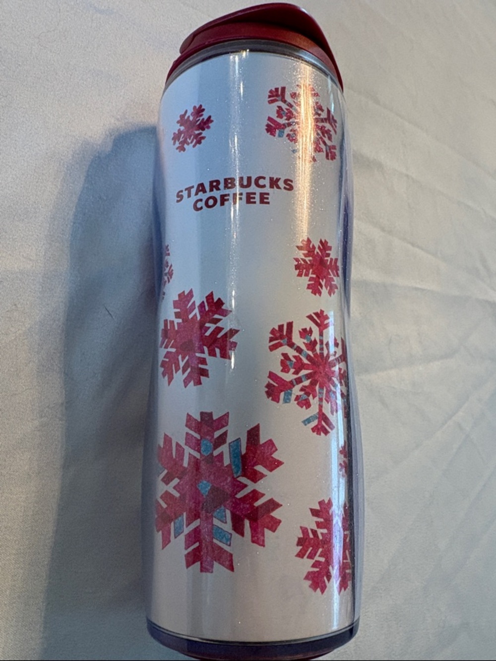 Starbucks White Tumbler with Red Snowflake Accents